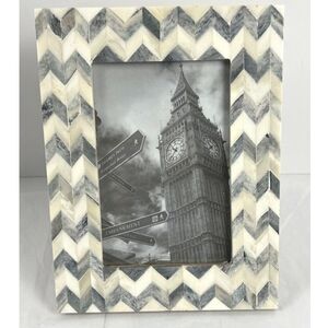 World Market Bone Inlay Picture Frame 4x6 Chevron Mosaic Grey Ivory Boho Decor